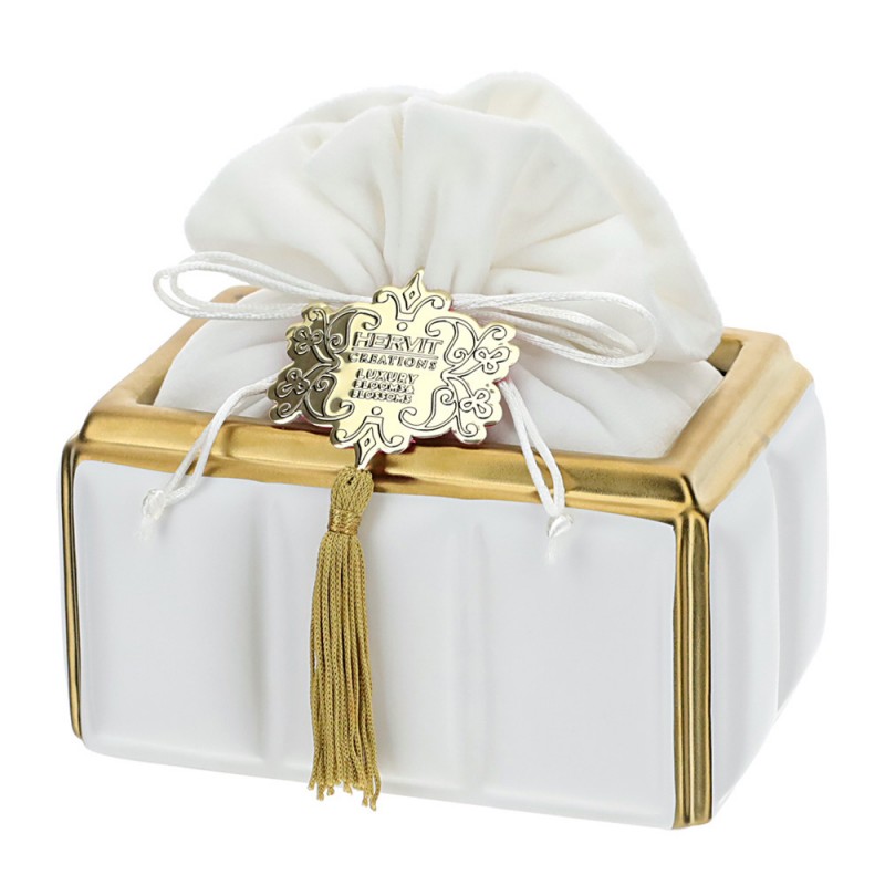 Bomboniere nozze portagioie scatola in porcellana lavorata bianca con  coperchio oro 10x10 cm