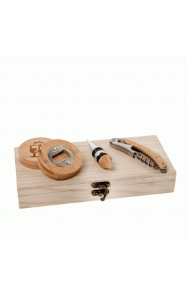 Bomboniera Matrimonio Set 3 Pezzi Cavatappi Apribottiglie e Tappo Brinda Legno Con Box